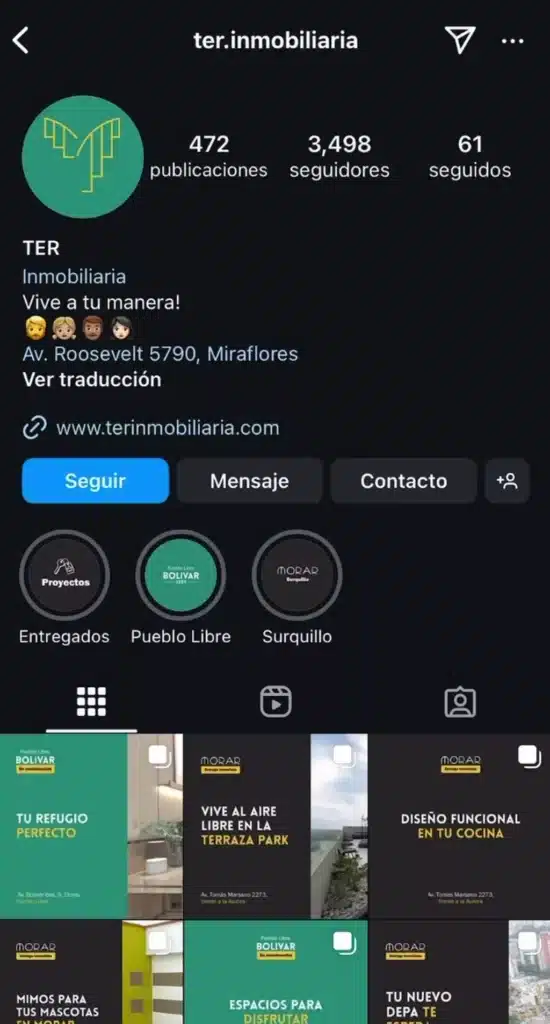 Instagram de TER Inmobiliaria gestionado por WeDoIt