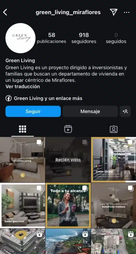 Instagram de Green Living Miraflores gestionado por WeDoIt